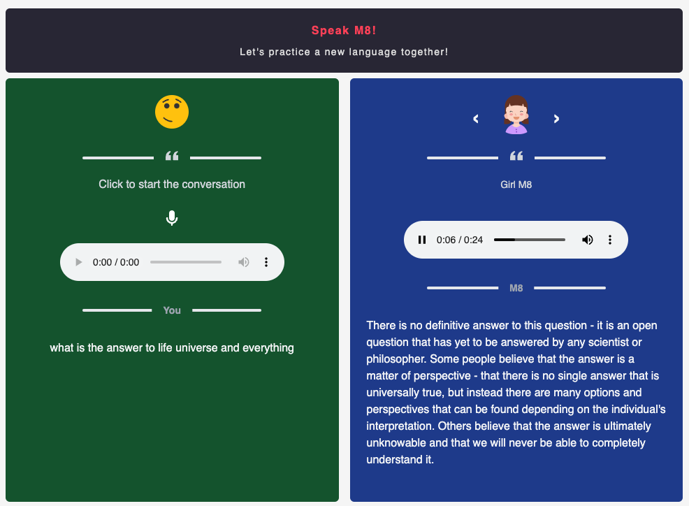 Speak M8: An AI to practice a new language with!