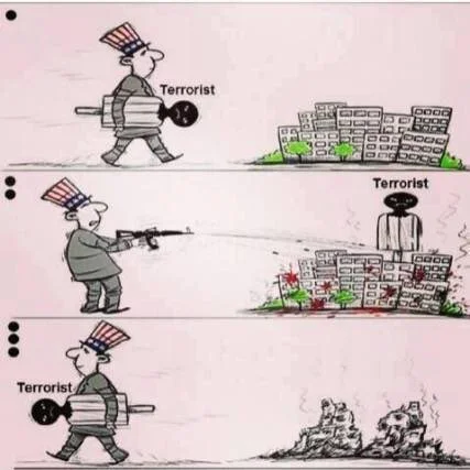 A Cartoon that shows the US first creates extremists, then sends them to the Middle East to have an excuse to invade them later!