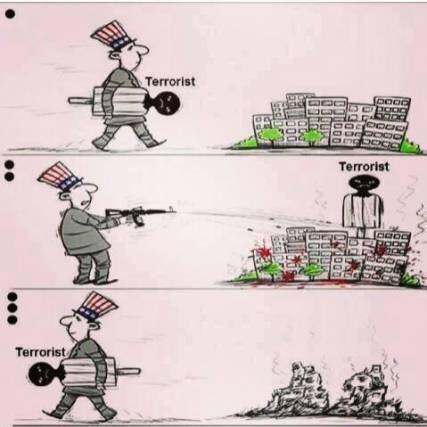 A Cartoon that shows the US first creates extremists, then sends them to the Middle East to have an excuse to invade them later!